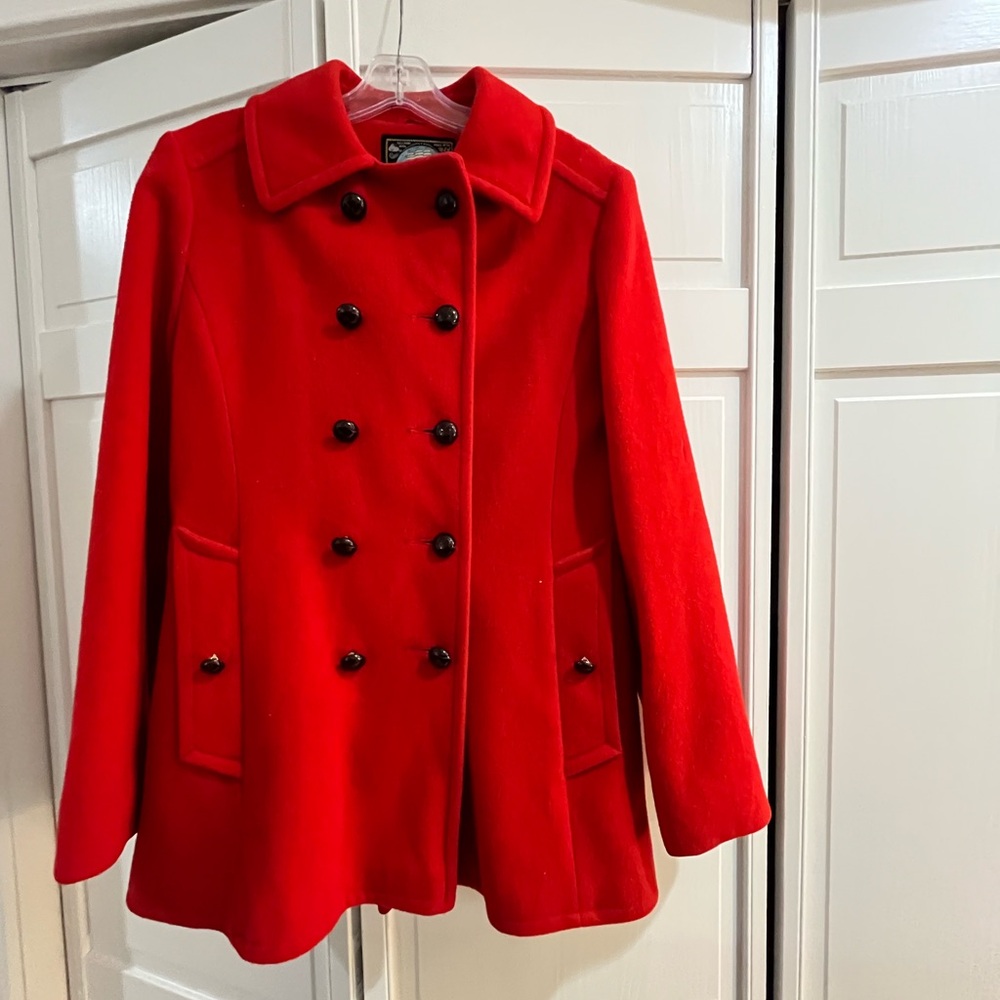 Vintage 70s-90s Mackintosh Authentic PeaCoat Red Wool Double Breasted Size 6